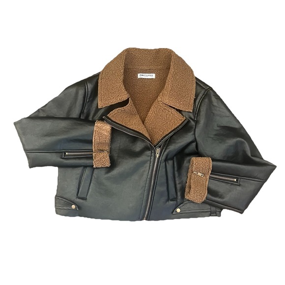 Princess Polly Size 4 Faux Leather Shearling Crop Jacket Black Edgy Moto Sherpa - Picture 4 of 13